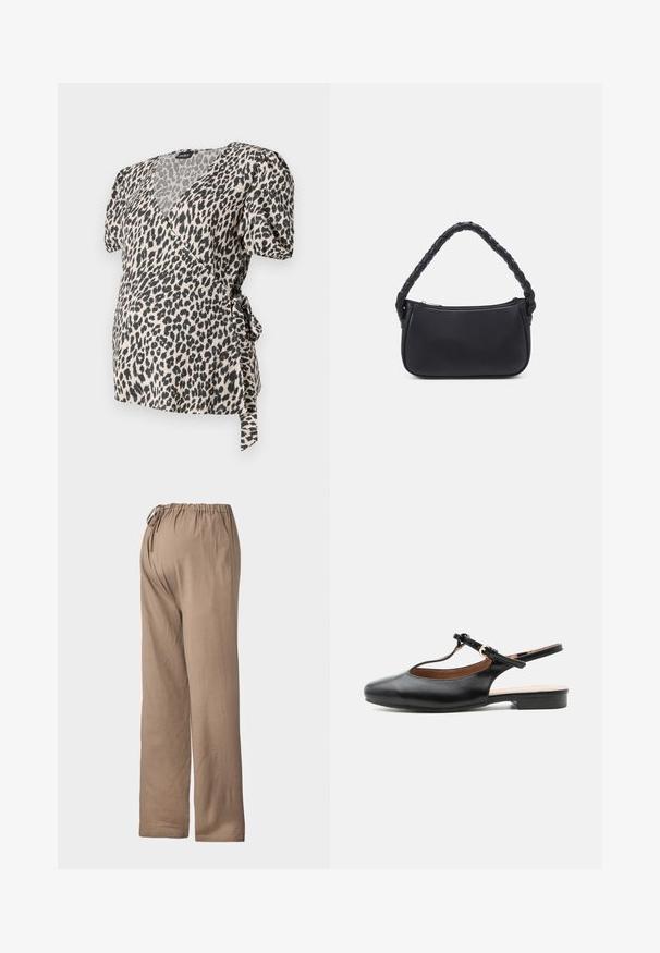 Leopardprint indpakningsbluse med korte puffærmer, lavet af blødt stof. Har en udskæring og bindebånd i taljen. Farverne er creme og sort.; Lysebrune, løstsiddende bukser med elastisk talje og justerbar snor, lavet af blødt stof, med et lige ben-design.; Sort læder flad slingback-sko med T-rem og guldlås på neutral baggrund.; Sort håndtaske med en rund form, lavet af glat materiale. Har et flet håndtag og en lynlåslukning for sikker opbevaring.