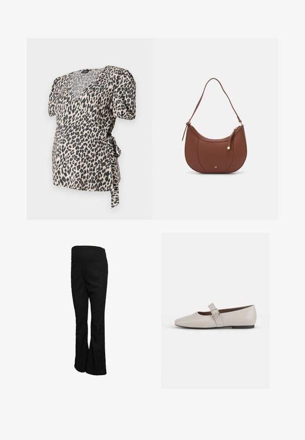 Leopardprint indpakningsbluse med korte puffærmer, lavet af blødt stof. Har en udskæring og bindebånd i taljen. Farverne er creme og sort.; Sorte udvidede bukser lavet af tekstureret stof med højt taljebånd og en glat finish, med en lige pasform gennem hofter og lår.; Beige læder Mary Jane flad sko med spids tå, ankelrem og en sølvspænde detalje, der har en lav sort hæl.; Brun faux læder skuldertaske med buet form, minimal syning og en guldtonet hardwaredetalje. Har en top lynlåslukning og justerbar rem.