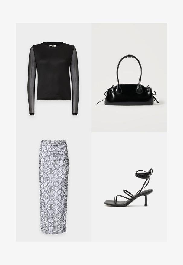 Top noir à manches longues avec une texture côtelée. Manches transparentes et légèrement translucides. Design ajusté avec un col rond et un ourlet uni.; Jupe midi en noir et blanc, présentant une silhouette ajustée et une texture froncée sur les côtés. Fini en tissu lisse.; Sandale noire à lanières avec un bout carré, des liens de cheville réglables et un talon carré fin. Fabriquée en un matériau lisse et durable.; Petit sac à main noir brillant avec deux longues anses et des détails à cordon sur les côtés sur un fond clair uni.