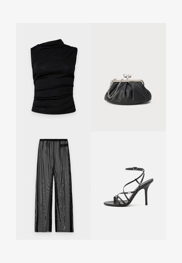 Schwarzes ärmelloses Top mit asymmetrischem Ausschnitt, das gerafftes Material für Textur und eine figurbetonte Silhouette bietet. Glattes, dehnbares Material.; Schwarze Netz-Hosen mit weitem Bein, ausgestattet mit einem schwarzen elastischen Bund und seitlichen Einschubtaschen. Strukturierter, leichter Stoff.; Schwarze High-Heel-Sandale mit dünnen Riemen, einem Knöchelverschluss, einer glatten Lederoberfläche und einem schlanken Stiletto-Absatz.; Schwarze Leder-Clutch mit geraffter Textur, silberfarbener Metallrahmen, Druckverschluss und Kettenriemen. Glatte, weiche Oberfläche.