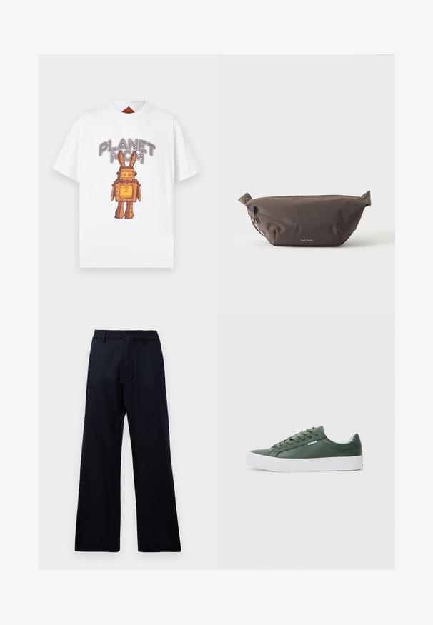 Weißes T-Shirt mit kurzen Ärmeln, das einen Cartoon-Hasen in Orange- und Brauntönen zeigt, mit dem Schriftzug "PLANET MCM" oberhalb des Designs.; Schwarze hoch taillierte weite Hose mit Gürtelschlaufen, vorderem Knopf und Reißverschluss vor einem schlichten weißen Hintergrund.; Grüne synthetische Sneakers mit niedrigem Schaft, weißer Gummisohle, runder Zehenpartie, sechs Ösen und flachen Schnürsenkeln. Minimale Markenkennung an der Seite.; Dunkelbraune Stoff-Gürteltasche mit diagonalem Reißverschlussfach und kleinem weißen Logo vorne, vor einem einfarbigen hellen Hintergrund.