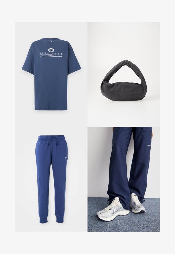 Námornícky modré tričko s krátkym rukávom s bielym textom a emblemom "NIKE CLUB SINCE 1972" umiestneným na hrudi.; Modré Nike tepláky s elastickým pásom, šnúrkou na stiahnutie, s manžetami na členkoch a bielym logom Nike swoosh na ľavom stehne.; Športové topánky Nike s strieborným sieťovaným zvrškom, bielymi detailmi a textúrovanými podrážkami, skombinované s voľnými námorníckymi nohavicami.; Tmavošedá látková taška s zakrivenou rúčkou, jemnou textúrou a zaobleným tvarom. Bez viditeľného hardvéru alebo ozdôb.