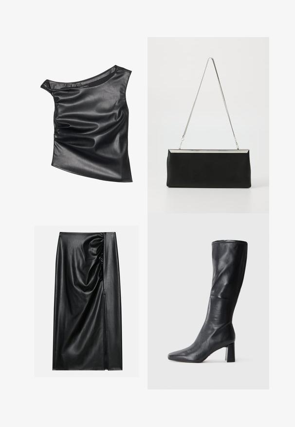 Must mustra tsentree top, mis on valmistatud siledast kunstnahast. Omab drapeeritud disaini ja peent sära, ümarat kaelust ja kihilist tekstuuri.; Must värviline nahkseelik sileda tekstuuriga, featuring ühel küljel kogutud osa ja külgauk, mis annab lisadetaile.; Mustad nahast põlvekõrgused saapad terava eesnäärmega ja tugeva kontsaga. Sile tekstuur, elegantne disain ja peened õmblused.; Must pank nahkklamber koos hõbedase metallist keti käepidemega ja laatiline ristkülikukujuline kuju. Matt tekstuur ja minimalistik disain koos metallilise aktsendiga.