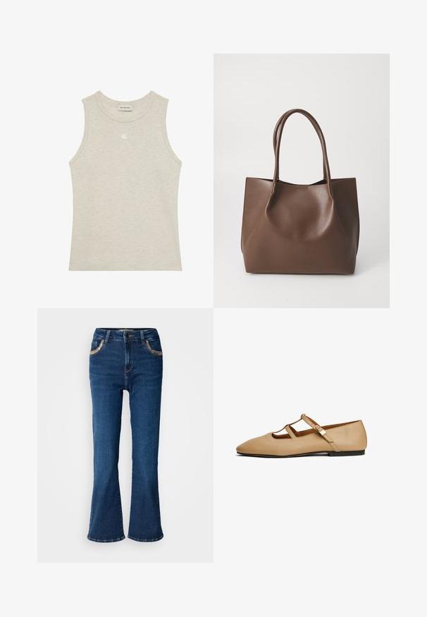 Beiges, geripptes ärmelloses Tanktop mit rundem Ausschnitt und einem kleinen, gestickten Calvin Klein Logo in der Mitte vorne.; Dunkelblaue ausgestellte Jeans mit einer glatten Denim-Oberfläche, kontrastierender goldener Naht und Akzenten an den Fronttaschen. Klassisches Fünf-Taschen-Design.; Beiger flacher Schuh mit spitzer Schuhspitze, zwei dünnen Riemen, die den Fuß überkreuzen, und einer kleinen Schnalle an der Außenseite.; Braune Leder-Tote mit zwei langen Tragriemen, strukturiertem Shape, glatter Textur und minimalistischem Design. Keine sichtbaren Beschläge oder Akzente.