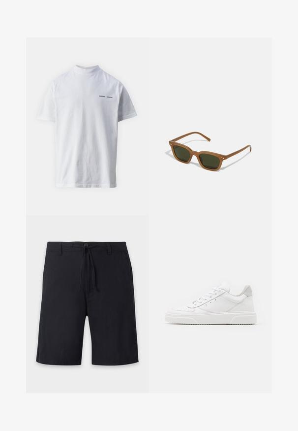 Witte katoenen t-shirt met een hoge hals en korte mouwen. Voorzien van het 'SAMSØE SAMSØE' logo in het zwart op de voorkant. Glad van textuur.; Zwarte knielange shorts met riemlussen, een knoopsluiting en een verstelbaar trekkoord in de taille.; Witte leren sneakers met een gladde afwerking, ronde neus, platte veters en een gestructureerde zool. Grijze suède accent bij de hiel.; Bruine acetaatsunglasses met donkergroene lenzen, rechthoekige vorm en gouden accenten op de pootjes. Gladde textuur, minimalistisch ontwerp.