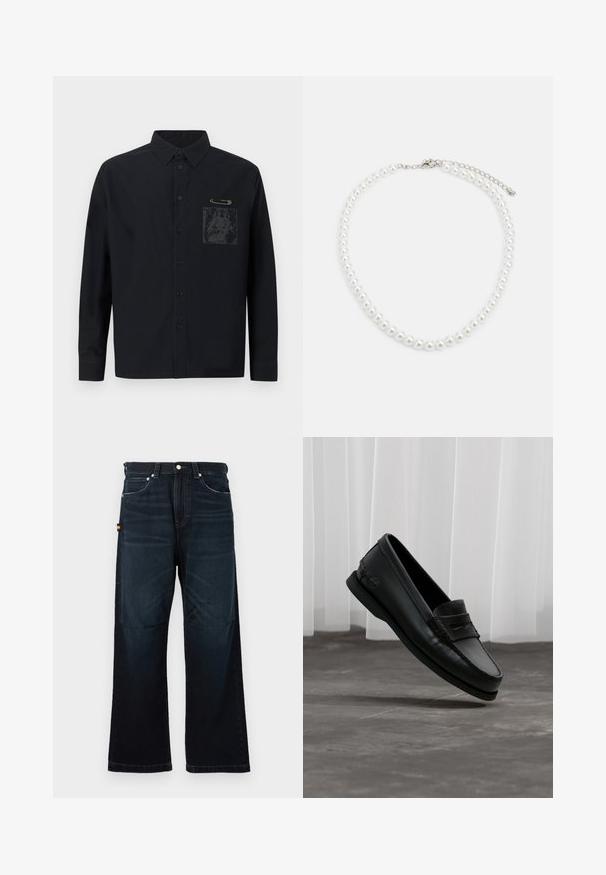 Camisa negra abotonada con mangas largas, con un bolsillo delantero y un estampado gráfico. Incluye un adorno de imperdible cerca del bolsillo.; Vaqueros rectos de color azul oscuro con diseño clásico de cinco bolsillos, trabillas para el cinturón y sutiles detalles desgastados en la parte frontal y las rodillas.; Mocasín negro de cuero con puntera mocasín y correa penny, ligeramente inclinado sobre suelo gris, persianas verticales blancas de fondo.; Collar de perlas blancas con forma redonda uniforme, superficie suave y cierre de metal con cadena de extensión para longitud ajustable.