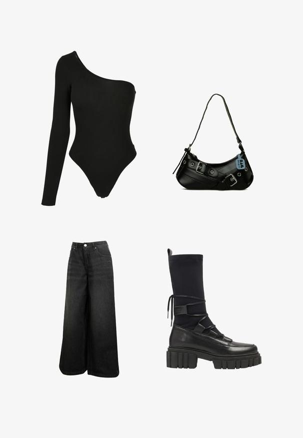 Schwarzer One-Shoulder-Bodysuit aus dehnbarem Stoff, mit einem langen Arm auf einer Seite, hochgeschnittenen Beinausschnitten und einer figurschmeichelnden Silhouette.; Schwarze weit geschnittene Jeans mit hoher Taille, Frontknopf, Taschen und dezentem Logo auf der Vorder-Tasche.; Schwarze kniehohe Stiefel aus einer Mischung aus glattem Leder und dehnbarem Stoff, mit Schnüren vorne und einer klobigen, geriffelten Sohle.; Schwarze synthetische Handtasche mit geschwungener Form, verstellbarem Riemen und dekorativen Metall-Schnallen. Besitzt eine glatte, glänzende Textur.