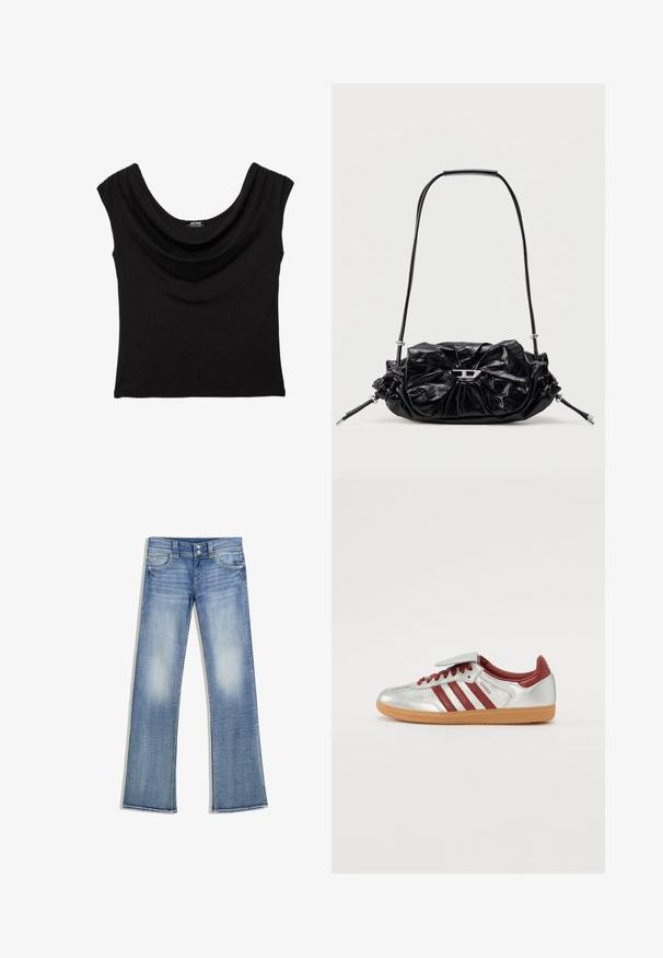 Sort ærmeløs top med draperet rund halsudskæring, tætsiddende silhuet og et lille mærke med brandnavn indeni kraven.; Lyseblå bootcut-jeans med falmet vask, fem lommer, bæltestropper og lukning med dobbelte knapper, lagt fladt ud på en hvid baggrund.; Sølv atletiske sko med røde striber, en struktureret gummisål og en Velcro-strop på toppen. Har en glat læderfinish og polstret krave.; Sort læderhåndtaske med et opsamlet design og sløjfedetalje foran. Har en kort hank og sølvfarvede hardware-accenter.