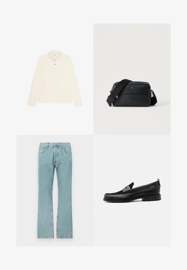 Langærmet polo shirt i creme, med flad krave, tre-knaps placket med guldfarvede knapper og et blødt, tekstureret stof.; Lysblå denimjeans med lige ben-design, der har fem lommer og en knaplukning. Synlige sømme og frynsedetaljer i kanten.; Sort læderloafer med grå remdetalje, lav hæl og tekstureret sål, mærket med "HUGO" i guld på siden.; Sort tekstureret læder crossbody taske med front lynlåslomme og justerbar bred stofskulderrem på hvid baggrund.