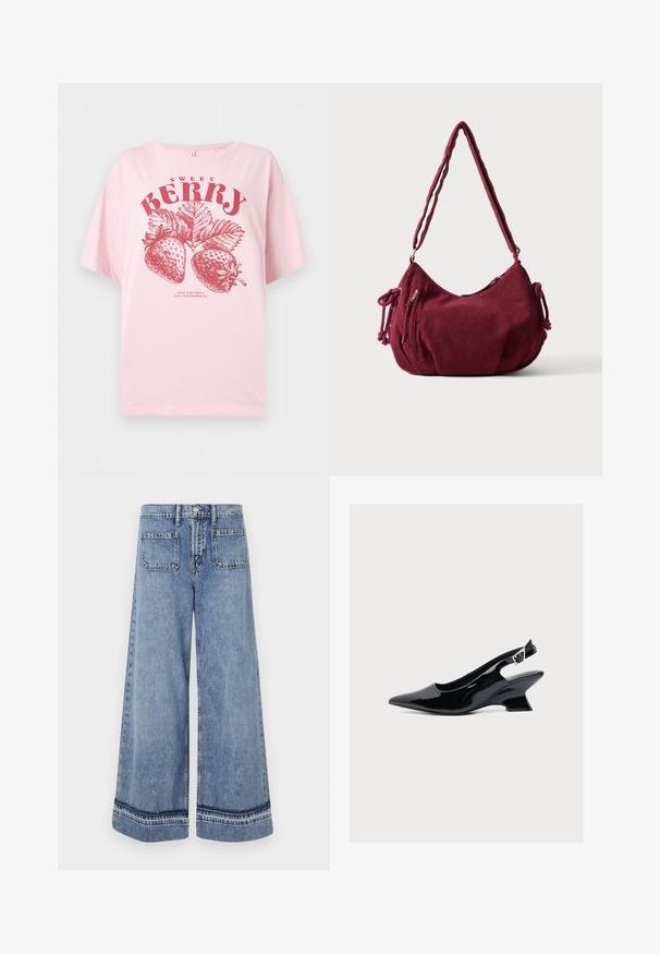 Heleroosa t-särk, millel on punaste maasikate, lehtede illustratsioonid ja tekst "MAGUS MARJAS" ning "PEATU JA HINGA MAASIKAID."; Heledad sinine denim laiad püksid kõrge vöökohaga, kahe tagataskuga ja kontrastsete õmblustega sääreotsadel.; Mustast lakknahast slingback-tüüpi king terava varba ja madala kaldega plokktallist valgel taustal.; Pehmeast bordo värvi manšestri õlakott reguleeritava rihma, lukuga, külgsete nööridega ja eest lukuga taskuga.