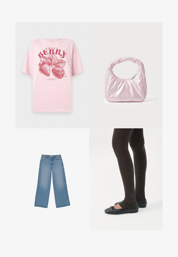 Lichtroze T-shirt met rode geïllustreerde aardbeien, bladeren en tekst met de woorden "SWEET BERRY" en "STOP AND SMELL THE STRAWBERRIES."; Lichtblauwe wijde jeans van denim, met een hoge taille, rechte snit en contrasterende stiksels. Geen versieringen of slijtage.; Benen met donkere geribbelde leggings gecombineerd met zwarte ballerina's met kleine strikdetails op een witte achtergrond.; Roze, gevoerde handtas met een afgeronde vorm, gemaakt van glanzend materiaal. Beschikt over een geplooide handgreep en een ritssluiting voor veilige toegang.