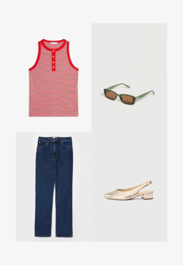 Rot-weiß gestreiftes Tanktop mit rundem Ausschnitt, ausgestattet mit drei goldenen Knöpfen vorne und einem kleinen Logodetail nahe dem Saum.; Dunkelblaue Denim-Jeans im Gerade-Schnitt, fünf Taschen-Stil, mit einem stabilen Bund und sichtbaren Nähdetails.; Metallic goldfarbener Slingback-Schuh mit spitz zulaufender Schuhspitze und niedrigem Blockabsatz. Glatte Textur und minimalistisches Design mit einer ausgeschnittenen Seite.; Grüne rechteckige Sonnenbrille mit braunen Gläsern und kleinem "QUAY"-Logo am Bügel, dargestellt auf weißem Hintergrund.