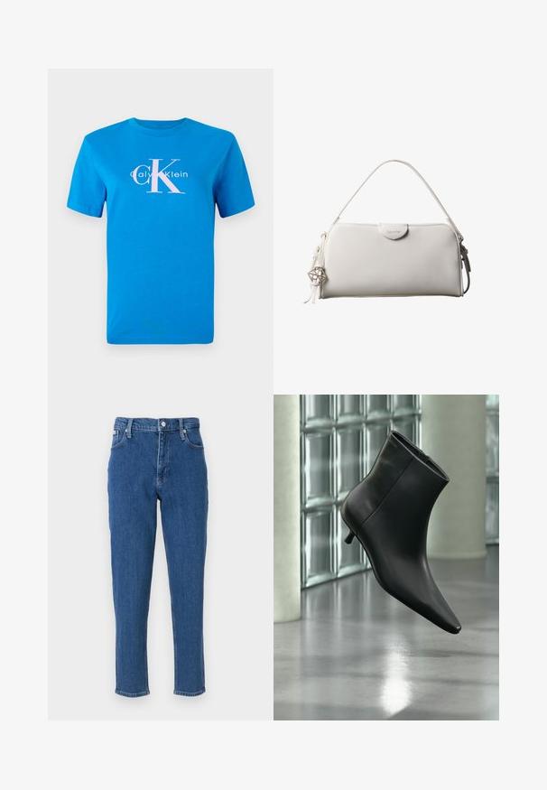 T-shirt en coton bleu à manches courtes, avec un logo Calvin Klein blanc et un grand motif "CK" rose centré sur le devant.; Jean en denim bleu avec taille haute, fermeture éclair, cinq poches, jambes droites, et une texture légèrement décolorée, avec un ourlet net.; Bottine en cuir noir à bout pointu et petit talon kitten, présentée en angle devant un sol poli et un mur en blocs de verre.; Sac à main rectangulaire blanc Calvin Klein avec une seule poignée, design minimaliste et pampilles décoratives avec un charm métallique géométrique sur le côté.