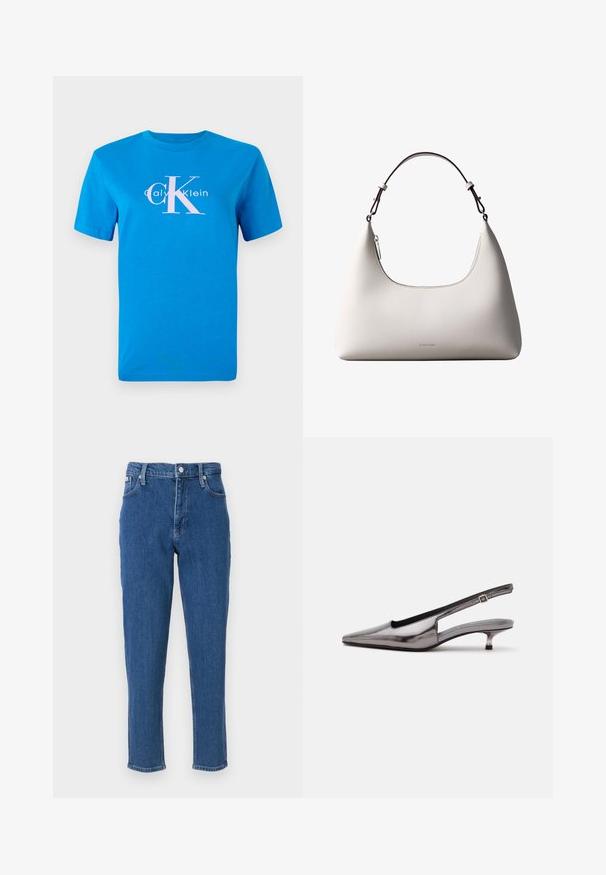 Camiseta de algodón azul con mangas cortas, que cuenta con un logo blanco de Calvin Klein y un gran gráfico rosa "CK" centrado en el frente.; Jeans de mezclilla azul con una cintura alta, cierre de cremallera, cinco bolsillos, piernas rectas y una sutil textura desgastada, con un acabado de dobladillo limpio.; Zapato slingback gris metálico con punta puntiaguda, tacón bajo tipo kitten y correa ajustable sobre fondo blanco.; Bolso de hombro de cuero color crema de Calvin Klein con borde superior curvado, cremallera plateada y correa ajustable marrón oscuro.