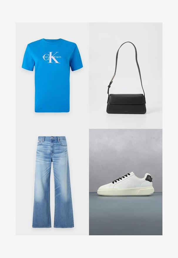 Camiseta de algodón azul con mangas cortas, que cuenta con un logo blanco de Calvin Klein y un gran gráfico rosa "CK" centrado en el frente.; Calvin Klein Jeans LOW RISE BAGGY - Vaqueros boyfriend - diamond cove; Zapatilla blanca con cordones negros y detalle en el talón flotando sobre una superficie de bloques de madera al aire libre cerca de follaje verde y una pared de cemento.; Bolso de mano de cuero negro con forma rectangular y solapa plegable. Presenta una correa delgada y una marca mínima en la parte delantera.