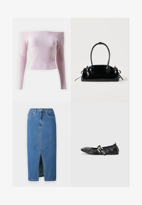 Top largo de manga larga color rosa, sin hombros, hecho de un tejido suave y ligero; diseño ajustado con un dobladillo corto y textura suave.; Falda midi de mezclilla en azul. Cuenta con una abertura frontal, cintura alta y diseño de cinco bolsillos. Costuras clásicas y detalles en metal.; Zapato plano de piel negra con puntera afilada, detalle fruncido alrededor de la abertura y un acento de hebilla plateada en la correa ajustable.; Pequeño bolso negro brillante con dos asas largas y detalles de cordón lateral sobre un fondo claro liso.