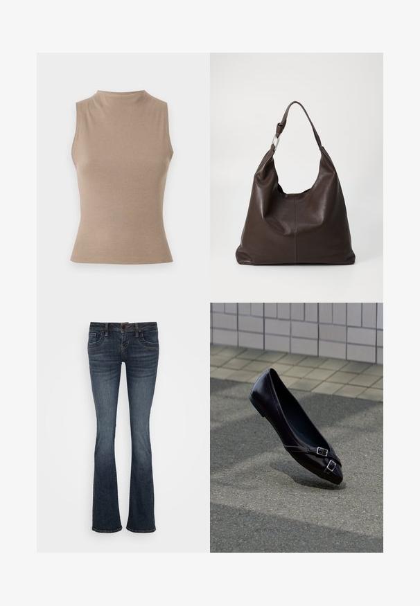 Un haut sans manches beige avec un col montant, une texture côtelée et une coupe ajustée. Style minimaliste sans embellissements visibles.; Jean évasé bleu foncé avec une taille mi-haute, cinq poches et des accents de couture subtils. Fabriqué en denim avec une texture lisse.; Ballerine plate noire à bout pointu avec deux petites boucles argentées flottant au-dessus de l'asphalte près d'un mur carrelé en arrière-plan.; Zign LEATHER - Cabas - chocolate brown