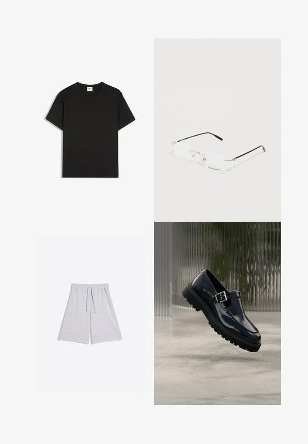 T-shirt noir uni à manches courtes et col rond, posé à plat, montrant la vue de face avec des coutures visibles et une étiquette blanche de la marque à l'intérieur du col.; Shorts tricotés gris clair longueur genou avec taille élastique et cordon, posés à plat sur fond blanc.; Chaussure en cuir noir poli avec un bout rond, des surpiqûres décoratives et une bride à boucle sur une semelle épaisse en caoutchouc.; Lunettes de vue rectangulaires sans monture Montblanc avec des temples noirs fins et des plaquettes de nez transparentes sur une surface blanche.