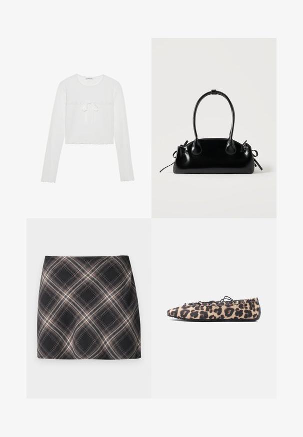 Crop top blanc à manches longues en texture côtelée, avec un col rond et un lien décoratif aux bords festonnés. Design simple et ajusté.; Jupe mini à carreaux noir et beige avec un motif à checks diagonal, taille ajustée et texture de tissu lisse.; Chaussure plate en tissu imprimé léopard, lacets noirs passant à travers des œillets en métal, et semelle en caoutchouc flexible sur fond blanc.; Petit sac à main noir brillant avec deux longues anses et des détails à cordon sur les côtés sur un fond clair uni.