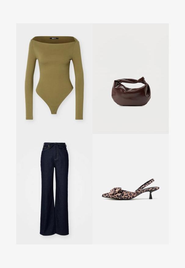 Olivengrøn langærmet tætsiddende bodysuit med bred firkantet halsudskæring og bund i trusse-stil.; Mørkeblå brede bukser lavet af denim, med høj talje, forlommer og en bindebåndslukning i taljen.; Spidse slingback hæle i leopardprintet stof med en bue-accent, der har en lav sort hæl og glat tekstur.; Mørkebrun læder skuldertaske med en blød, afslappet form og et snoet knudehåndtag på en ensartet hvid baggrund.