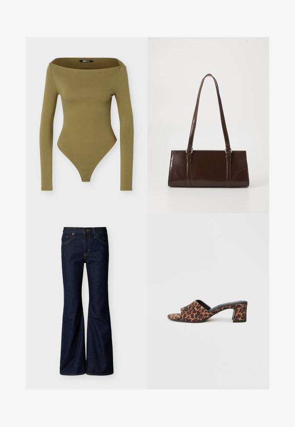 Body moulant vert olive à manches longues avec un large décolleté carré et un bas style string.; Jean en denim bleu foncé avec jambes évasées, fermeture avant par bouton et zip, et design à cinq poches avec surpiqûres contrastantes.; Mules à talons hauts en imprimé léopard avec une large bande supérieure, bout ouvert et un tissu texturé. Design à talon bloc et semelle noire contrastante.; Sac à main en cuir verni marron de forme rectangulaire, avec deux longues poignées et des accents courbés subtils à l'avant.