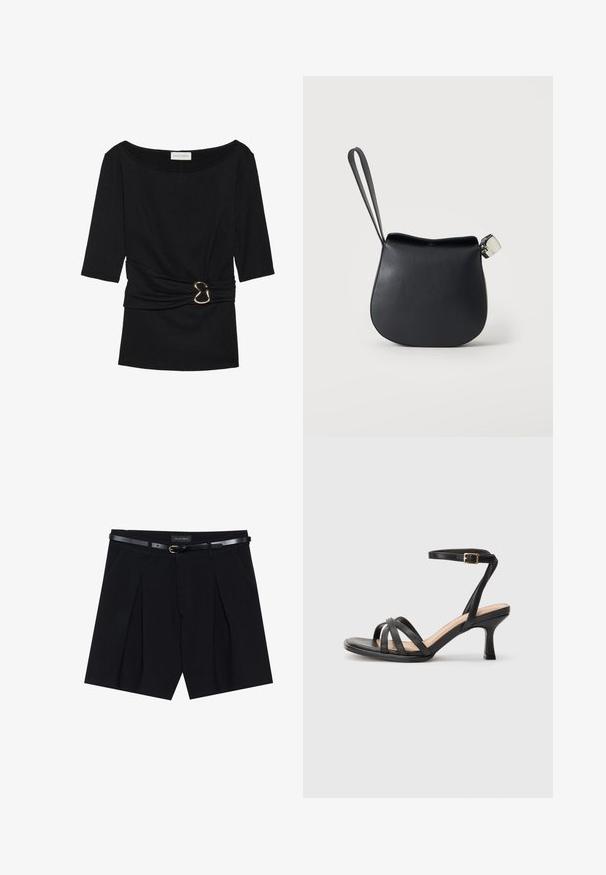 Zwarte top van gestructureerde stof, met driekwartmouwen, een bootnek en een gouden decoratieve gesp op de taille.; Zwarte op maat gemaakte shorts met plooien, voorzien van een slanke zwarte riem met een gouden gesp. Gemaakt van een soepele stof, die een verfijnde uitstraling biedt.; Zwarte sandalen met hakken, voorzien van meerdere dunne banden over de tenen, een enkele enkelband met een gouden gesp en een vierkante neus.; Zwart leren polstasje met afgeronde bodem en zilveren gesp op een effen witte achtergrond.