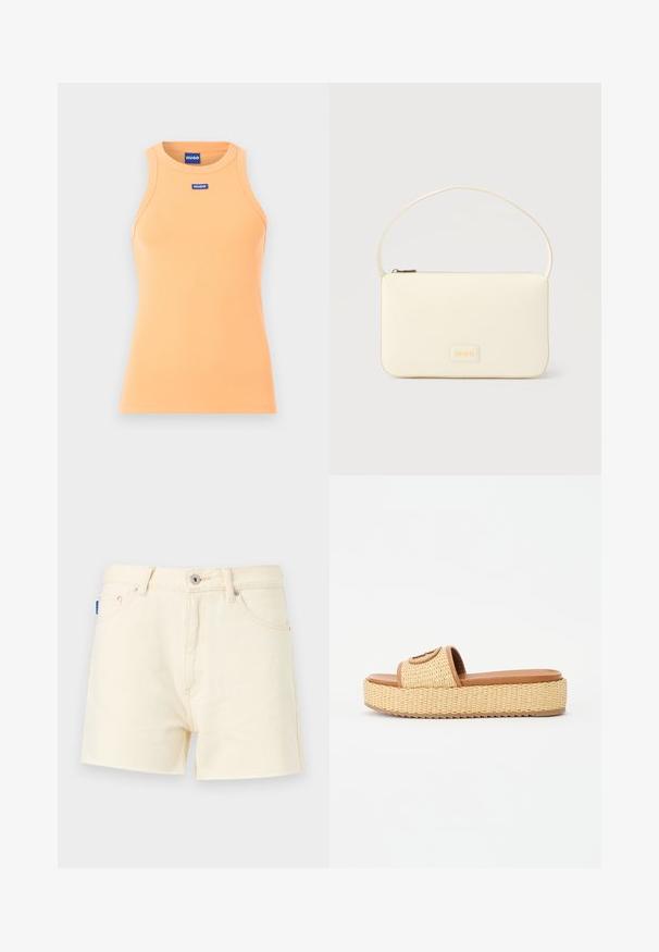 Mouwloze perzikkleurige geribbelde tanktop met ronde halslijn en blauwe "HUGO" merklabels aan de voorkant en binnenin de kraag.; Crème denim shorts met een rechte snit, voorzien van een sluiting met een knoop aan de voorzijde en een vijf-pocket ontwerp. Gestructureerde stof met stikdetails.; Geweven stro slide sandalen met een tan kleurige faux leren band en een platformzool, voorzien van een textuur en een cirkelvormig accentdetail.; Roomkleurige rechthoekige handtas met een enkele draagband en een ritssluiting aan de bovenkant, met een klein ingegraveerd logoplacaat op de voorkant.