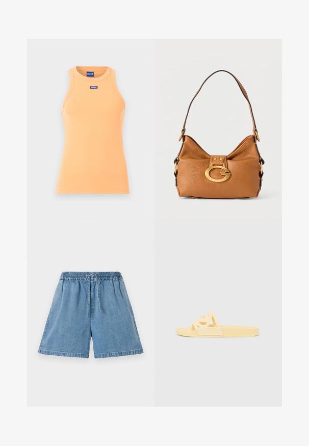 Débardeur pêché côtelé sans manches avec encolure ronde et étiquettes de marque "HUGO" bleues sur le devant et à l'intérieur du col.; Shorts en denim bleu clair avec une taille élastique et un cordon de serrage. Ils disposent de poches latérales et d'une coupe décontractée avec des ourlets cousus.; Sandale slide en caoutchouc jaune avec un design géométrique découpé sur la lanière, une semelle plate et un logo en relief sur le côté.; Sac à bandoulière en cuir marron texturé avec une seule sangle et une grande boucle ovale dorée arborant le logo Guess à l'avant.