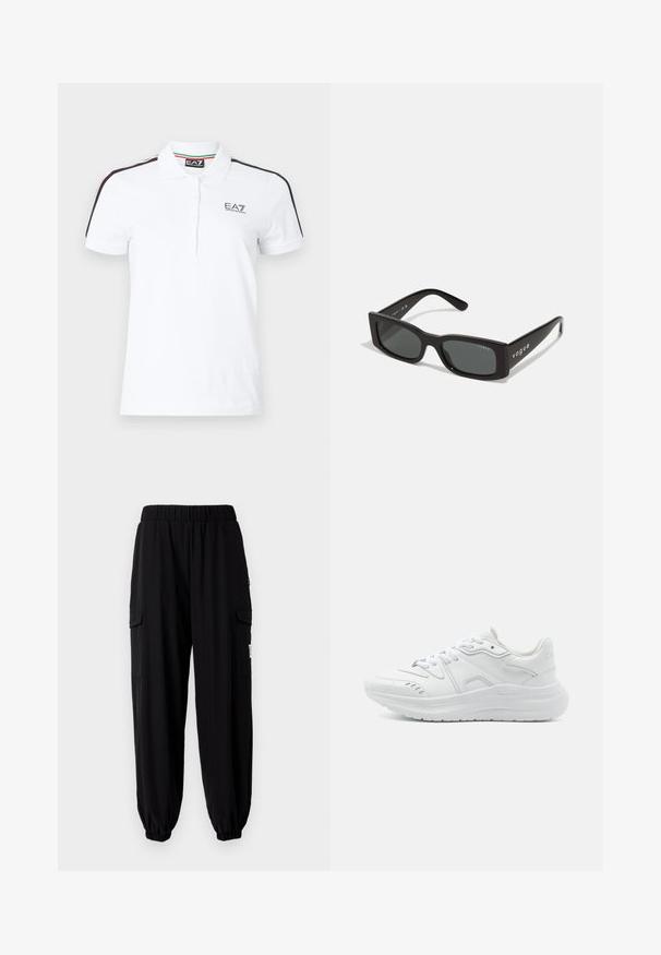 Polo blanco de manga corta, con tapeta de tres botones, logo de la marca en el pecho y franjas negras, verdes y rojas en los hombros.; Pantalones jogger negros hechos de tejido ligero, con cintura elástica, bolsillos laterales y puños elásticos en los tobillos.; Zapatillas deportivas blancas con parte superior de cuero liso, suela acolchada, puntera redondeada y diseño minimalista. Presentan cordones y detalles sutiles.; Gafas de sol rectangulares negras con lentes oscuros. Presentan un marco de plástico liso y la marca "vogue" en las patillas.