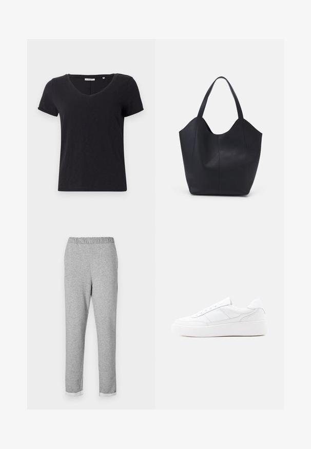 Sort kortærmet t-shirt med V-hals-design. Lavet af blødt, åndbart stof med en glat overflade og uden fremtrædende mønstre.; Grå sweats med elastisk talje, tapered ben design og foldet manchet ved kanten. Blød tekstur uden synlige mønstre eller accenter.; Hvid lavtop-sneaker med tyk sål, snørelukning og diskrete syningsdetaljer på en ensfarvet lys baggrund.; Sort tote taske lavet af glat læder, med en buet, åben top, to skulderstropper og et minimalistisk design.