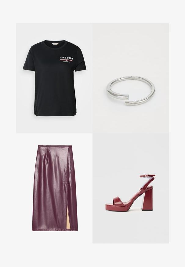 Μαύρη βαμβακερή μπλούζα T-shirt με στρογγυλή λαιμόκοψη, κοντά μανίκια, με το λευκό και κόκκινο λογότυπο "GANT 1949" και κείμενο στην αριστερή πλευρά του στήθους.; Μπουργουνδία ψεύτικη δερμάτινη μίντι φούστα με πλαινή εκσφήνωση, λείο υλικό και ραφές, με εφαρμοστή σιλουέτα και σχεδίαση μέχρι το γόνατο.; Μπορντώ ψηλοτάκουνα σανδάλια με γυαλιστερή πατίνα, φαρδιά μπροστινή λωρίδα και λωρίδα στον αστράγαλο, με χοντρό τετράγωνο τακούνι και πλατφόρμα.; Calvin Klein SPIRAL - Βραχιόλι - silver-coloured