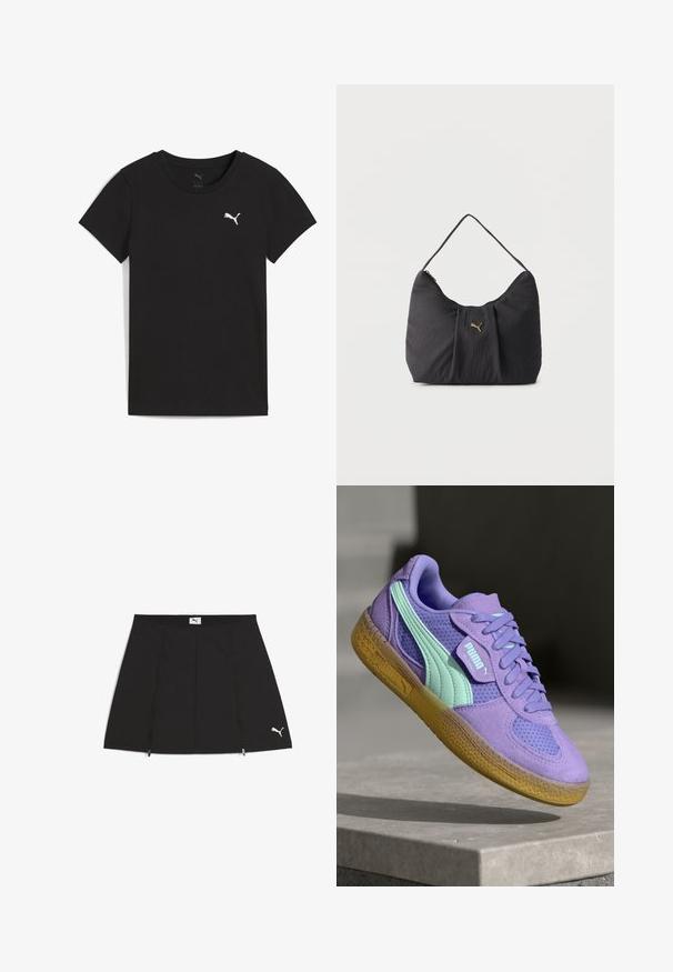 Zwart Puma T-shirt met korte mouwen, ronde hals en wit Puma-logo op de linkerborst.; Zwarte sportrok met een uitlopende stijl, gemaakt van een gladde stof. Voorzien van ritszakken aan de voorkant en een wit Puma-logo aan de onderzijde rechts.; Paarse suède en mesh sneaker met mintaccenten, vetersluiting en een gestructureerde gumzool. Bevat PUMA-branding aan de zijkant.; Zwarte gestructureerde schoudertas met plooien, een enkele handgreep en een klein gouden Puma-logo in het midden aan de voorkant.