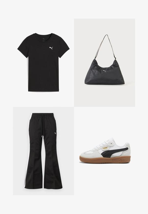 Camiseta negra de manga corta Puma con cuello redondo y logo blanco de Puma en el pecho izquierdo.; Pantalones de deporte negros acampanados con rayas laterales blancas, cintura con cordón y logotipo de Puma en el muslo izquierdo sobre un fondo claro.; Zapatillas de cuero blanco con una franja de ante negro, suela de goma y branding dorado en el costado. Diseño con cordones y puntera redondeada.; Bolso de hombro triangular negro con correa delgada, sutil patrón de monograma y pequeño logotipo plateado de Puma en el centro.