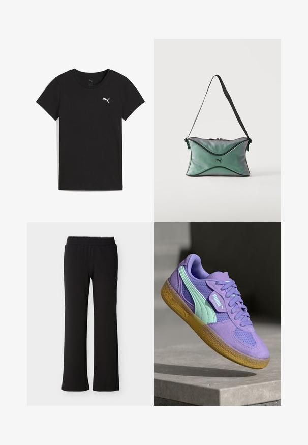 Camiseta negra de manga corta Puma con cuello redondo y logo blanco de Puma en el pecho izquierdo.; Pantalones negros de cintura elástica y pierna recta con un sutil logo en la parte superior del muslo, mostrados de frente sobre un fondo liso.; Zapatillas de ante púrpura y malla con acentos en menta, diseño de cordones y suela de goma texturizada. Presenta la marca PUMA en el lateral.; Pequeño bolso de hombro verde iridiscente con ribetes negros, correa ajustable negra, cierre con cremallera y logotipo de Puma en el centro frontal.