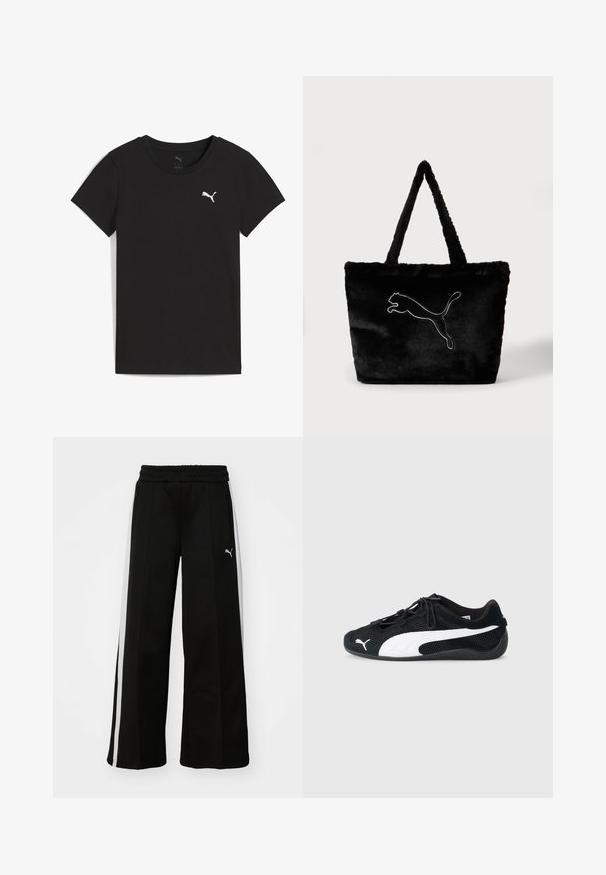 Sort Puma T-shirt med korte ærmer, rund hals og hvidt Puma-logo på venstre bryst.; Sorte bukser med vide ben, elastisk talje, lodrette hvide striber, sidelivlommer og et lille logo på låret.; Sorte atletiske sko i mesh og læder, med et hvidt Puma-logo, elastiske snørebånd og en struktureret gummisål.; Sort taske i kunstpels med lange håndtag og stort hvidt Puma-logo med omrids midt på forsiden mod en ensfarvet baggrund.