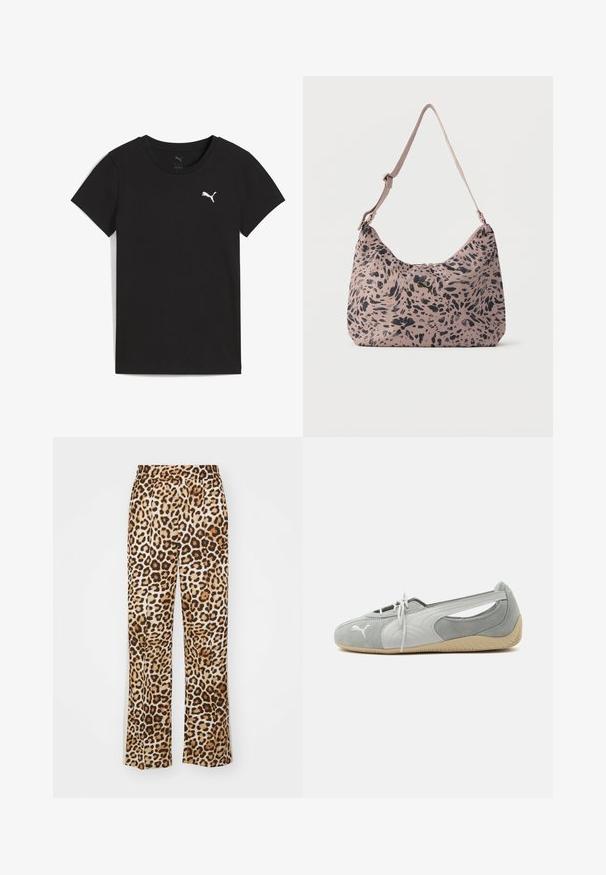 Camiseta negra de manga corta Puma con cuello redondo y logo blanco de Puma en el pecho izquierdo.; Pantalones de leopardo fabricados en un material suave, con un corte holgado, piernas anchas y una cinturilla elástica en tonos beige y marrón.; Zapato plano de ante Puma gris claro con logo blanco, cordones delanteros, laterales recortados y suela beige texturizada, mostrado desde el lado exterior.; Bolso de hombro rosa claro con patrón de manchas negras abstractas y correa ajustable, con un pequeño logo de Puma dorado en el centro delantero.