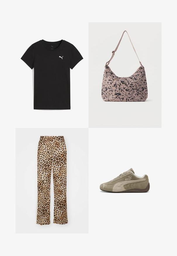 Camiseta negra de manga corta Puma con cuello redondo y logo blanco de Puma en el pecho izquierdo.; Pantalones de leopardo fabricados en un material suave, con un corte holgado, piernas anchas y una cinturilla elástica en tonos beige y marrón.; Zapatillas de ante en marrón claro con acentos más oscuros, con un diseño de perfil bajo, cierre con cordones y logo de la marca en el lateral.; Bolso de hombro rosa claro con patrón de manchas negras abstractas y correa ajustable, con un pequeño logo de Puma dorado en el centro delantero.