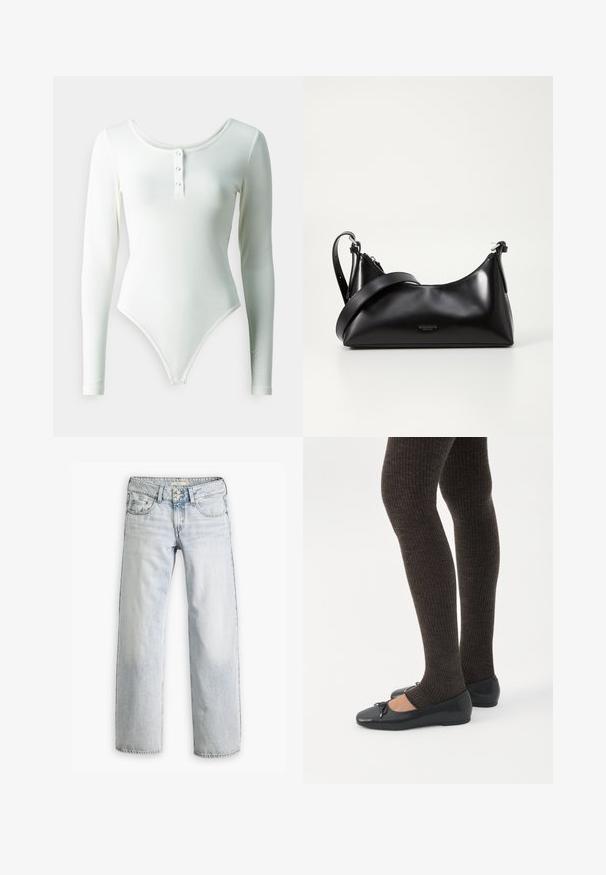 Biely bodysuit s dlhým rukávom vyrobený z elastického materiálu, s okrúhlym výstrihom a tromi gombíkmi na prednej strane.; Svetlomodré džíny s uvoľneným strihom, vysokým pásom a dizajnom s piatimi vreckami. Obsahujú švy a zapínanie na gombíky.; Nohy v tmavých pásikavých legínach v kombinácii s čiernymi balerínkami s malými mašličkami na bielom pozadí.; Čierna kožená kabelka s hladkou textúrou. Obsahuje nastaviteľný popruh a elegantný, minimalistický dizajn so zipsovým uzatvorením.