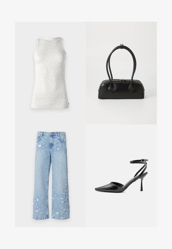 Replay Top - super light grey; Helleblaue Denim-Hosen im weiten Schnitt mit abgeschnittenen Patches und fransigen Kanten, fünf Taschen und einem Knopfverschluss an der Vorderseite.; Schwarzer spitzer High Heel mit dünnen Knöchelriemen und silberner Schnalle auf einfachem hellem Hintergrund.; Schwarze Lederhandtasche mit zwei verlängerten Griffen, Reißverschluss und runder Form; glatte Textur mit subtiler glänzender Oberfläche.