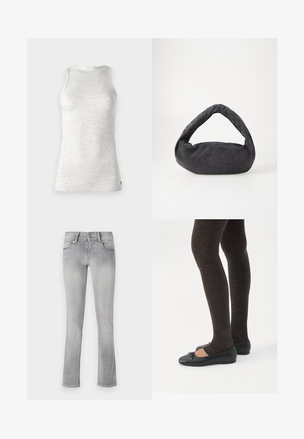 Replay Top - super light grey; Grå denimjeans med en tætsiddende design, let flare ved kanten, to forlommer og en knaplukning. Faded tekstur overalt.; Ben iført mørke ribbede leggings kombineret med sorte balletsko med små sløjfedetaljer på hvid baggrund.; Mørkegrå stofpose med et buet håndtag, blød tekstur og rund form. Ingen synligt hardware eller pynt.