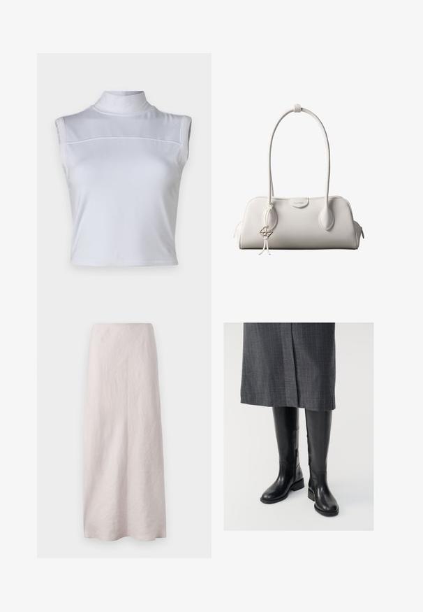 Haut sans manches blanc avec un col montant, texture lisse et design cropped. Présente une couture horizontale sur la poitrine.; Jupe maxi en lin rose pâle au design épuré et droit. Le tissu présente une surface légèrement texturée et une taille élastique.; Bottes en cuir noir montantes jusqu'aux genoux, avec une texture lisse, des fermetures éclair sur le côté et une semelle plate. Les bottes présentent un tige structurée et un matériel minimal.; Sac à bandoulière blanc Calvin Klein avec longues poignées, forme rectangulaire, fermeture éclair et charm logo décoratif suspendu près de la poignée.