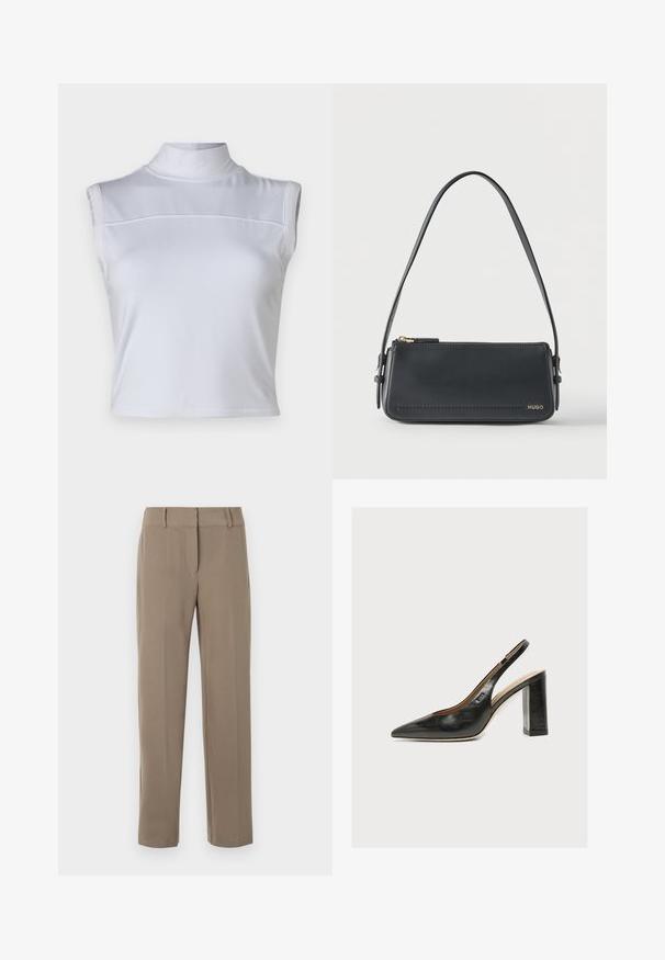 Top blanco sin mangas con cuello alto, textura suave y un diseño corto. Presenta una costura horizontal en el pecho.; Pantalones caqui de pierna recta con trabillas para cinturón y cierre frontal de cremallera sobre fondo blanco.; Zapato de mujer tipo slingback en piel negra con puntera puntiaguda y tacón grueso alto de bloque sobre fondo blanco.; Bolso de hombro rectangular de cuero negro con cremallera dorada y pequeño logo dorado "HUGO" en el frente, con una correa ajustable con hebilla.