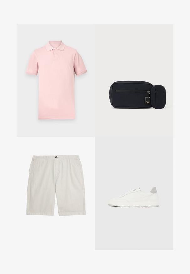 Polo à manches courtes rose pâle avec col côtelé et deux boutons, design uni, présenté sur un fond blanc.; Shorts décontractés beige clair avec passants de ceinture, fermeture avant à bouton et fermeture éclair, et poches latérales, posés à plat sur un fond blanc.; Baskets basses blanches avec un onglet de talon gris, des lacets blancs et une semelle texturée, présentées sur un fond uni clair.; Pochette rectangulaire noire avec fermeture éclair avant et petite pochette arrondie attachée, sur un fond clair uni.