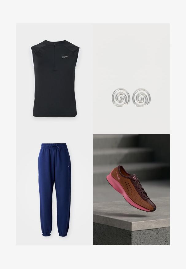 Sort ærmeløs træningstop med høj krave, der har et lille hvidt Nike-logo på brystet og kontrasterende hvide detaljer på ærmegabene.; Mørkeblå sweatpants lavet af blødt stof, med elastisk talje med snøre, elastiske manchetter og et lille hvidt logo.; Brun og mørkerød Nike løbesko med pink sål og logoer, svævende over en betonplatform med uklare trapper i baggrunden.; Par sølvspiral øreringe med glat, afrundet design på en ensartet hvid baggrund.