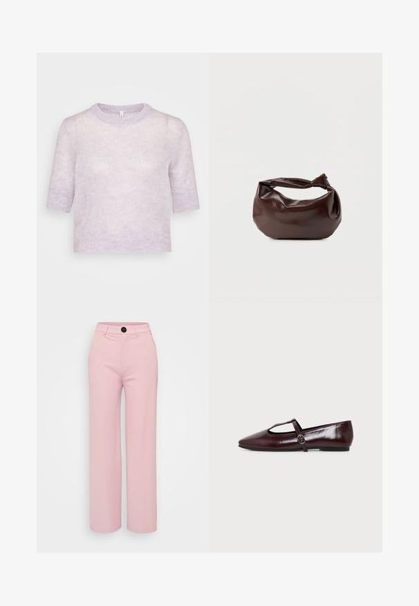 Suéter corto de manga corta en lavanda claro, de punto suave y texturizado, con escote redondo y un corte relajado. Diseño simple, sin adornos adicionales.; Pantalones de pierna ancha en rosa claro con una textura suave, con un botón negro y un diseño clásico de cinturilla. No hay bolsillos adicionales visibles.; Zapato plano de cuero burdeos oscuro con punta puntiaguda y una fina tira en forma de T con hebilla plateada sobre un fondo blanco.; Bolso de hombro de cuero marrón oscuro con una forma suave y caída, y un asa con nudo torcido sobre un fondo blanco liso.