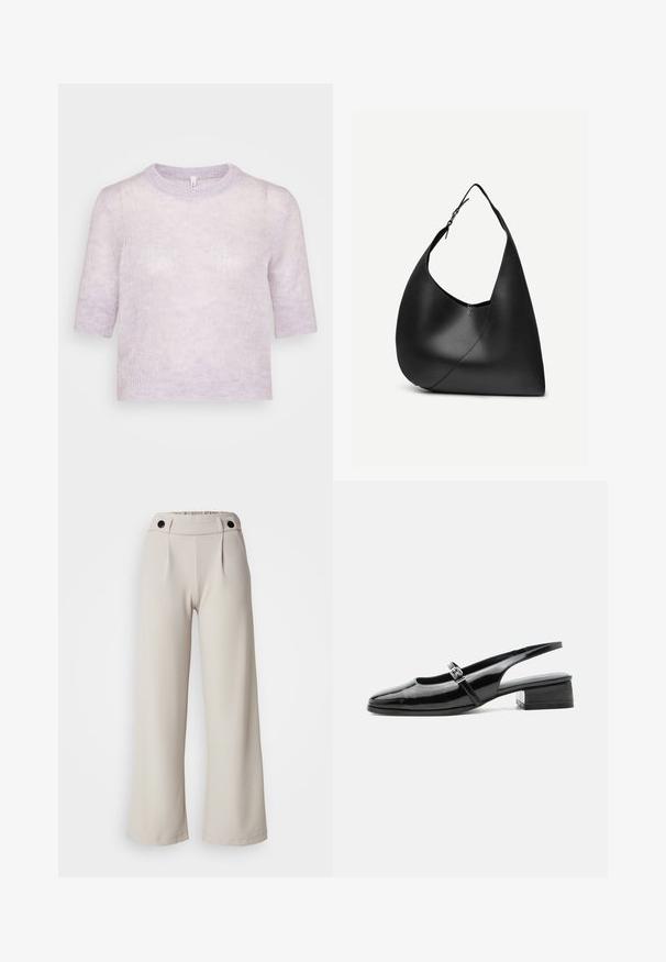 Suéter corto de manga corta en lavanda claro, de punto suave y texturizado, con escote redondo y un corte relajado. Diseño simple, sin adornos adicionales.; Pantalones de pierna ancha plisados en tejido de color beige claro con una textura suave, que cuentan con una cintura fruncida y dos botones negros en la cinturilla.; Zapato slingback de charol negro con tacón bajo y grueso y una fina correa con hebilla de plata en la parte superior.; Bolso de hombro de cuero negro con forma triangular curva, una única correa ajustable y una costura diagonal visible en el frente.