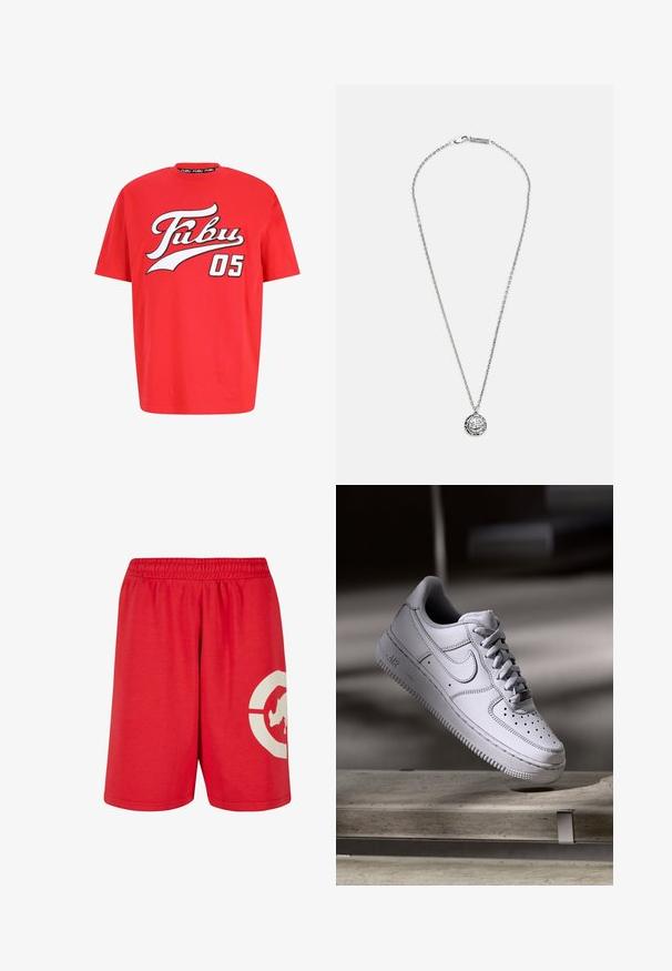 Camiseta de algodón roja con un gran logo blanco y negro "Fubu 05" en el pecho, con cuello redondo y corte relajado.; Pantalones cortos de algodón rojos con una cinturilla elástica, que presentan un gran diseño gráfico blanco en la pierna izquierda y una textura suave.; Zapatilla Nike Air Force 1 de cuero blanco que presenta una puntera perforada, cordones planos y una suela de goma texturizada con la marca "AIR" en el lateral.; Classics77 EXPRESSIVE FACE NECKLACE - Collar - silver-coloured