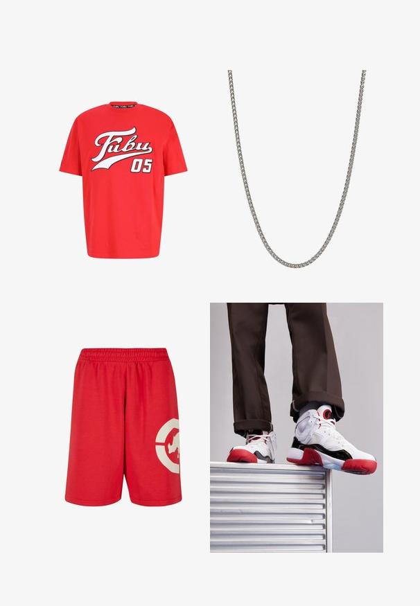 T-shirt en coton rouge avec un grand logo "Fubu 05" noir et blanc sur la poitrine, avec un col rond et une coupe décontractée.; Shorts rouges en coton avec une taille élastique, présentant un grand design graphique blanc sur la jambe gauche et une texture lisse.; Baskets de sport blanches et noires avec des accents rouges. Comprend des matériaux en maille et en cuir, un bout arrondi et une semelle en caoutchouc texturée.; Collier en métal avec un design tressé, couleur argent, texture lisse et maillons réguliers, adapté à divers styles et occasions.