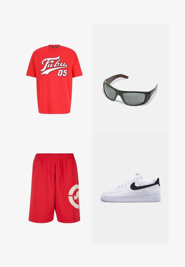 Rød bomulds T-shirt har et stort hvidt og sort "Fubu 05" logo tværs over brystet, med rund halsudskæring og afslappet pasform.; Røde bomuldsshorts med elastisk talje, prydet med et stort hvidt grafisk design på venstre ben og en glat overflade.; Hvide lædersneakers med en struktureret sort Swoosh, flade snørebånd og en gummisål med et rillemønster. "AIR" er præget på hælen.; Arnette HOT SHOT - Solbriller - dark grey