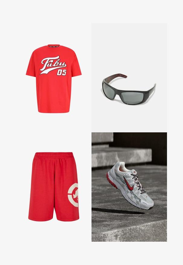 Camiseta de algodón roja con un gran logo blanco y negro "Fubu 05" en el pecho, con cuello redondo y corte relajado.; Pantalones cortos de algodón rojos con una cinturilla elástica, que presentan un gran diseño gráfico blanco en la pierna izquierda y una textura suave.; Zapatilla de correr Nike blanca y gris con detalles rojos y cordones negros, suspendida sobre escalones de hormigón gris.; Arnette HOT SHOT - Gafas de sol - dark grey